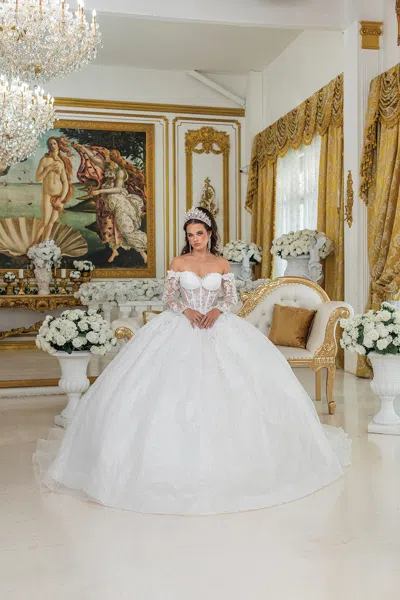 Dq Ball Gown Wedding Dress With Corset Bodice, Off-shoulder Long Lace Sleeves, Sweetheart Neckline, And In White