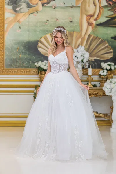 Dq Ball Gown Wedding Dress With Sheer Bodice, Lace Embellishments, And Flowing Tulle Skirt In White