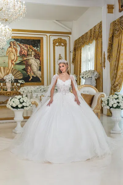 Dq Ball Gown Wedding Dress With Sheer Corset Bodice, Floral Appliques, And Detachable Long Sleeves In White
