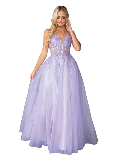 Dq Beaded Bodice Tulle Ballgown With Sheer Plunge And Sleeveless Design Prom Dress In Blue