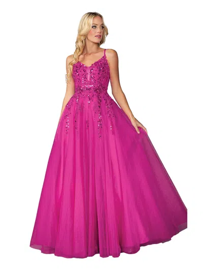 Dq Beaded Bodice Tulle Ballgown With Sheer Plunge And Sleeveless Design Prom Dress In Pink