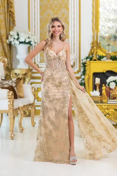 Dq Beaded Corset Bodice Gown With Sheer Overlay And Thigh-high Slit Prom Dress In Gold