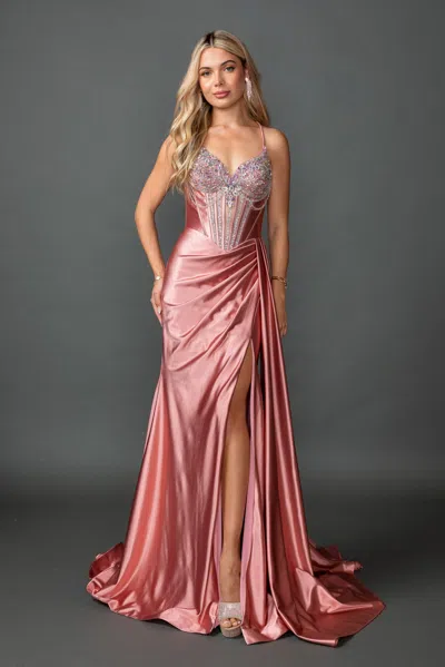 Dq Beaded Corset Bodice Satin Draped Skirt High Slit Spaghetti Strap Prom Dress In Pink
