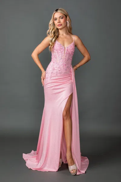Dq Beaded Glitter Prom Dress With Sheer Corset Bodice, Spaghetti Straps, And Ruched Side Slit Skirt In Pink