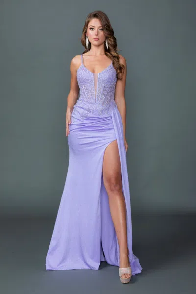 Dq Beaded Glitter Prom Dress With Sheer Corset Bodice, Spaghetti Straps, And Ruched Side Slit Skirt In Purple
