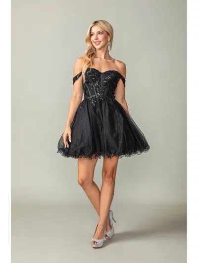 Dq Beaded Lace Applique Bodice Dress With Sheer Off-the-shoulder Sleeves And Tulle Skirt In Black
