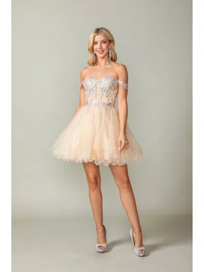 Dq Beaded Lace Applique Bodice Dress With Sheer Off-the-shoulder Sleeves And Tulle Skirt In Neutral