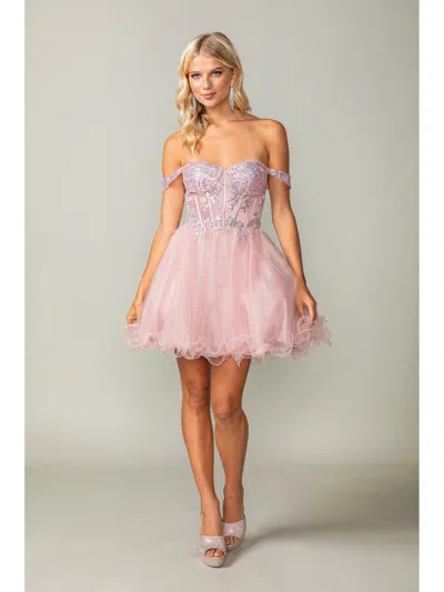 Dq Beaded Lace Applique Bodice Dress With Sheer Off-the-shoulder Sleeves And Tulle Skirt In Pink
