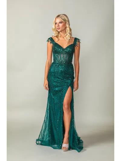 Dq Beaded Off-the-shoulder Mermaid Gown With Sheer Bodice And Sequin Detailing Prom Dress In Green
