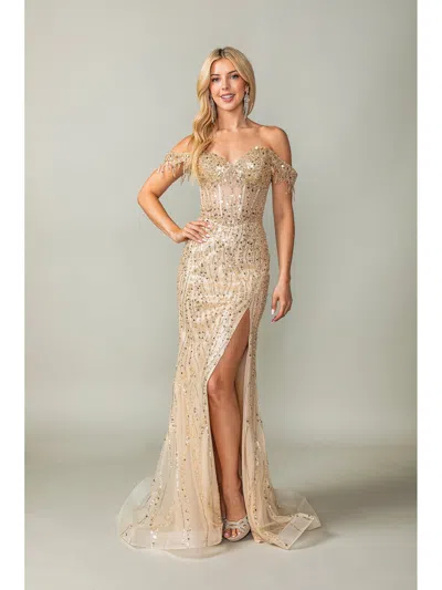 Dq Beaded Off-the-shoulder Mermaid Gown With Sheer Bodice And Sequin Detailing Prom Dress In Neutral