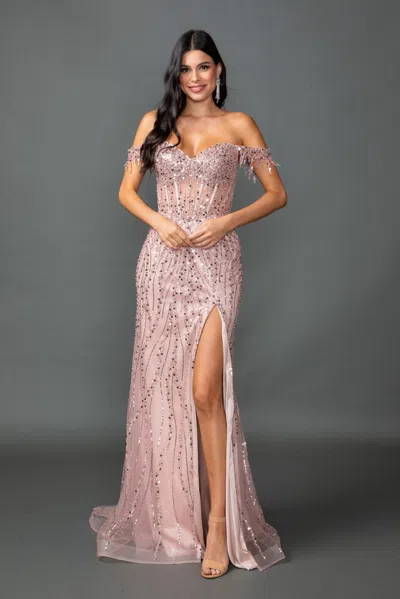 Dq Beaded Off-the-shoulder Mermaid Gown With Sheer Bodice And Sequin Detailing Prom Dress In Pink