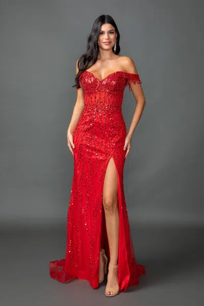Dq Beaded Off-the-shoulder Mermaid Gown With Sheer Bodice And Sequin Detailing Prom Dress In Red