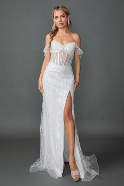Dq Beaded Off-the-shoulder Mermaid Gown With Sheer Bodice And Sequin Detailing Wedding Dress In White