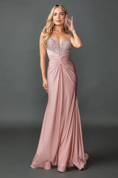 Dq Beaded Prom Dress With Plunging V-neckline, Spaghetti Straps, And Ruched Fitted Skirt In Pink