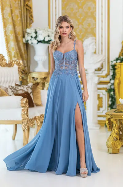Dq Beaded Prom Dress With Spaghetti Straps, High Side Slit, And Flowing Skirt In Blue