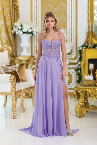 Dq Beaded Prom Dress With Spaghetti Straps, High Side Slit, And Flowing Skirt In Blue