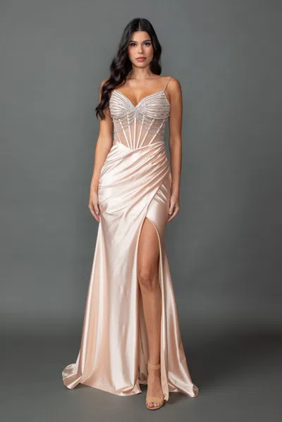 Dq Beaded Satin Prom Dress With Sheer Corset Bodice, Spaghetti Straps, And Ruched Side Slit Skirt In Neutral
