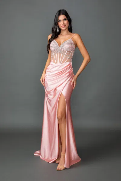 Dq Beaded Satin Prom Dress With Sheer Corset Bodice, Spaghetti Straps, And Ruched Side Slit Skirt In Pink