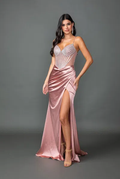 Dq Beaded Satin Prom Dress With Sheer Corset Bodice, Spaghetti Straps, And Ruched Side Slit Skirt In Pink