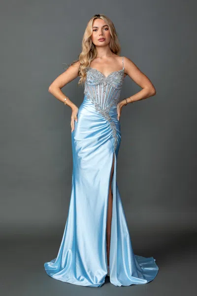 Dq Beaded Sweetheart Corset Bodice Satin Draped High Slit Prom Dress In Blue