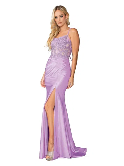 Dq Beaded Tank Bodice Satin Gown With Side Slit And Train Prom Dress In Purple