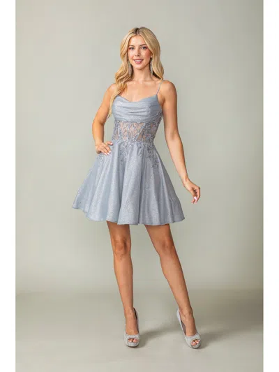 Dq Charming Spaghetti Strap A-line Dress With Embroidered Bodice And Flared Skirt Homecoming Dress In Silver