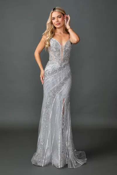 Dq Deep V-neck Illusion Corset Beaded Fitted Prom Dress With High Slit In Silver