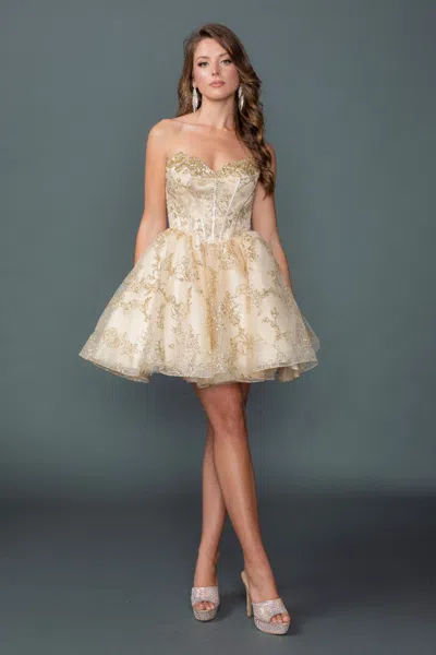 Dq Dress With Off-shoulder Design, Sequined Corset Bodice, Layered Tulle Skirt, And Glitter Accents In Neutral