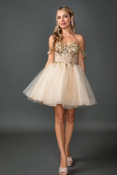 Dq Dress With Off-shoulder Design, Sequined Corset Bodice, Layered Tulle Skirt, And Glitter Accents In Multi