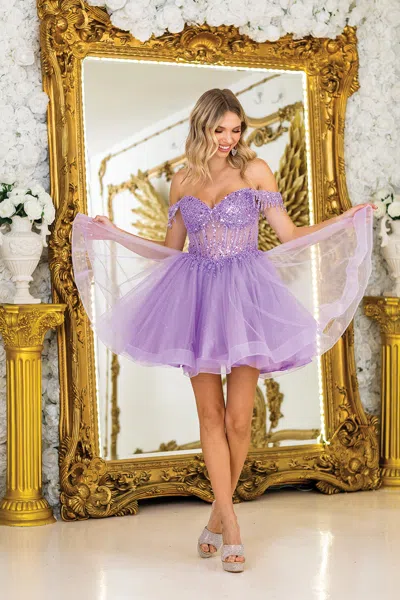 Dq Dress With Sequin-embellished Bodice, Off-shoulder Straps, Sheer Corset Details, And Layered Tulle S In Purple