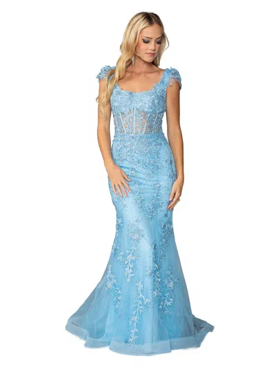 Dq Elegant Cap Sleeve Prom Dress With Intricate Floral Embroidery And Beaded Details, Featuring A Fitte In Blue