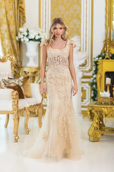Dq Elegant Cap Sleeve Prom Dress With Intricate Floral Embroidery And Beaded Details, Featuring A Fitte In Neutral