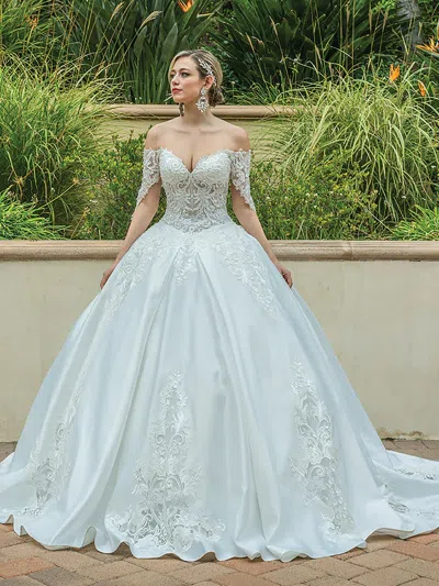 Dq Elegant Embroidered Off-the-shoulder Gown With Full Skirt And Corset Back Wedding Dress In White
