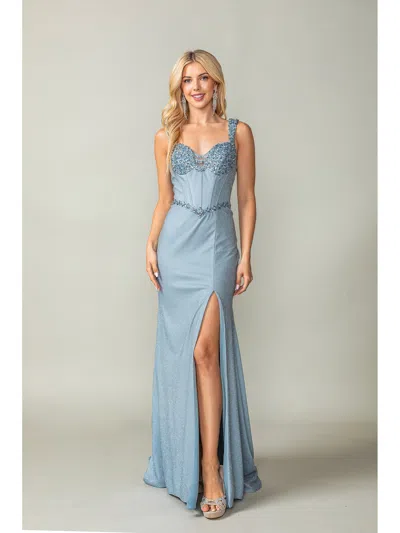 Dq Elegant Floor-length Evening Gown With Rhinestone Embellishments And Lace-up Back Detail Prom Dress In Gray