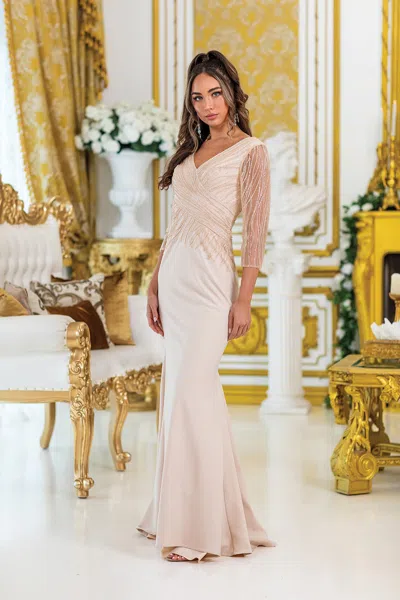 Dq Elegant Long Sleeve Prom Dress With Intricate Beaded Design And Wrap Effect Bodice, Featuring A Flow In White