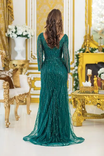 Dq Elegant Long Sleeve Prom Dress With Intricate Beading And Embroidery, Featuring A Fitted Bodice And  In Green
