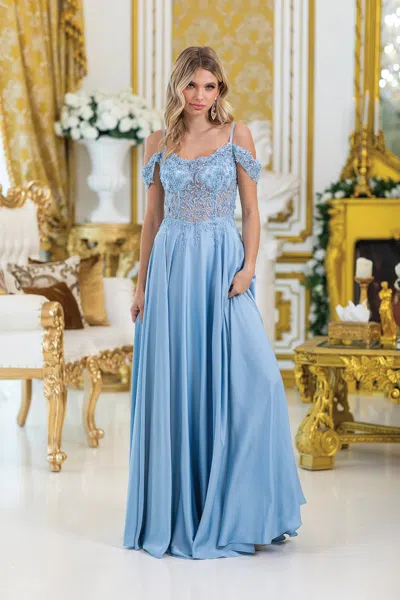 Dq Elegant Off-shoulder Prom Dress With Floral Embellishments, Flowing Skirt, And Slit For A Graceful,  In Blue