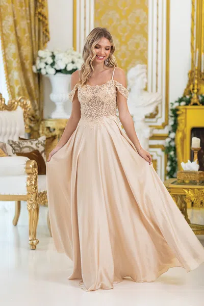 Dq A-line Prom Dress With Sheer Bodice, Floral Embellishments, And Slit Skirt In Gold