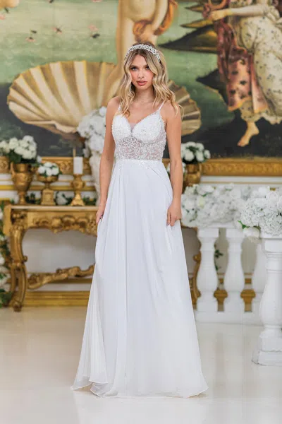 Dq Elegant Sleeveless A-line Prom Dress With Sheer Lace Bodice And Spaghetti Straps In White