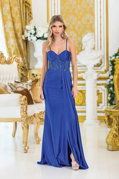 Dq Elegant Spaghetti Strap Beaded Bodice Evening Gown With Thigh-high Slit And Draped Detail Prom Dress In Blue