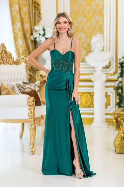 Dq Elegant Spaghetti Strap Beaded Bodice Evening Gown With Thigh-high Slit And Draped Detail Prom Dress In Green