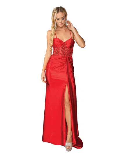 Dq Elegant Spaghetti Strap Beaded Bodice Evening Gown With Thigh-high Slit And Draped Detail Prom Dress In Red
