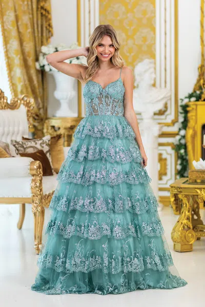 Dq Elegant Spaghetti Strap Prom Dress With Intricate Embroidery And Layered Ruffled Skirt, Featuring A  In Blue