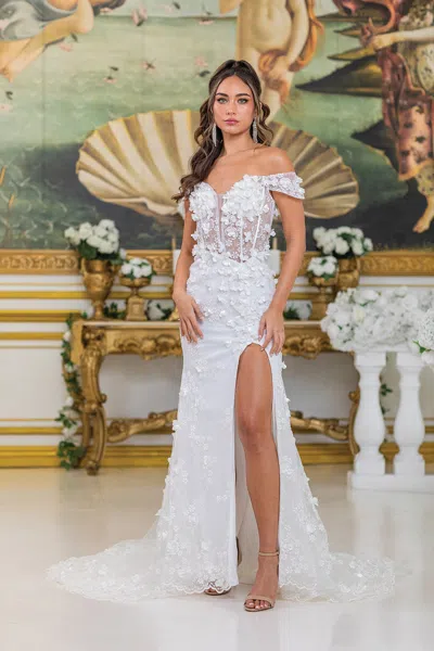 Dq Elegant Wedding Dress With Off-shoulder Sleeves, Sheer Bodice Featuring Floral Embellishments And A  In White