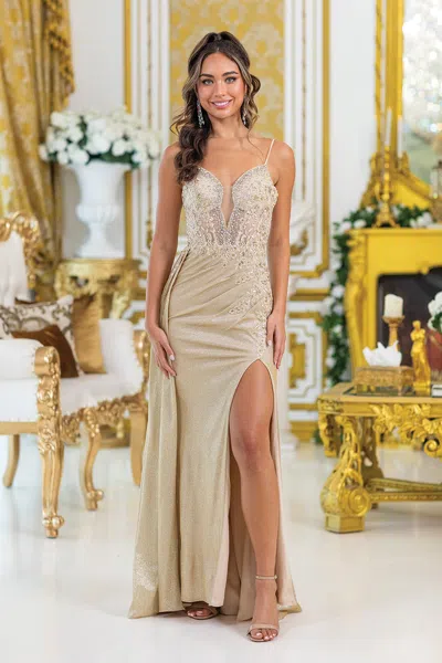 Dq Embellished A-line Prom Dress Gown With Sheer Bodice And High Slit In White
