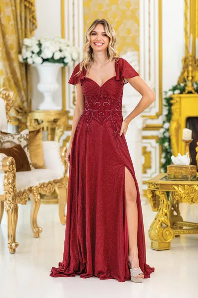 Dq Embellished A-line Prom Dress Gown With Sheer Sleeves And High Slit In Red