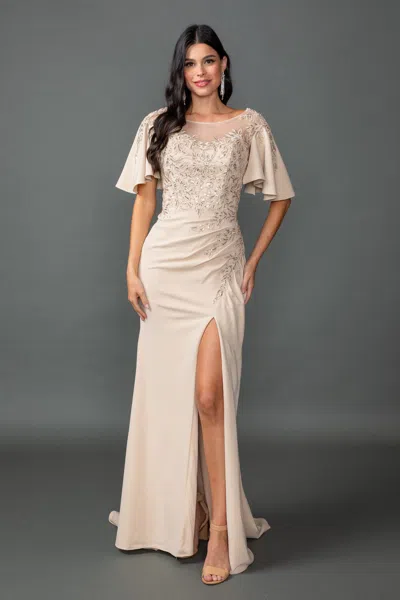 Dq Embellished Bodice Prom Dress With Illusion Neckline, Flutter Sleeves, Fitted Silhouette, And High S In Gray
