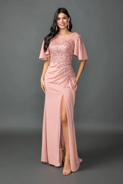 Dq Embellished Bodice Prom Dress With Illusion Neckline, Flutter Sleeves, Fitted Silhouette, And High S In Pink