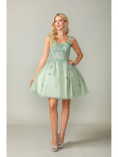 Dq Embellished Bodice Tulle Dress With Crystal Accents And Spaghetti Straps Homecoming Dress In Green