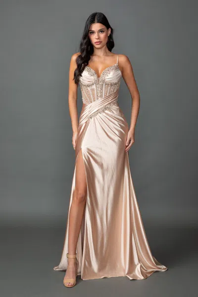 Dq Embellished Corset Prom Dress With Draped Satin Skirt And High Leg Slit In Neutral